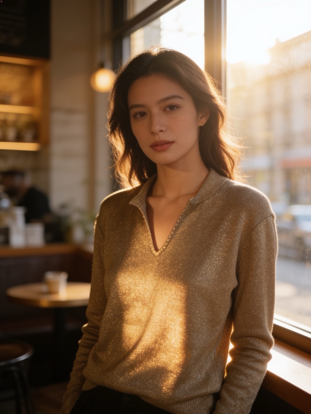 Metallic Gold Knit Women's Sweater - Long Sleeve